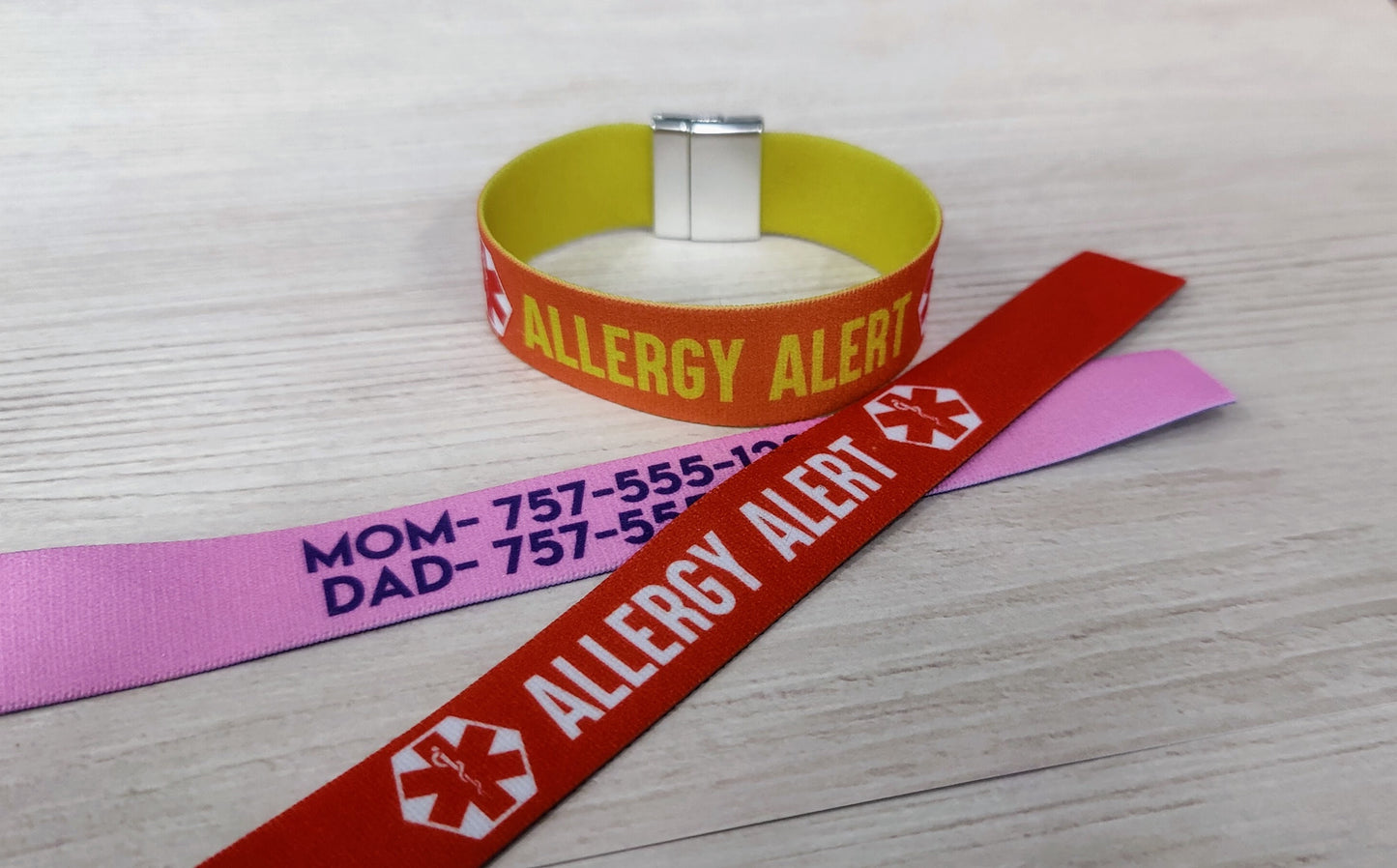 Allergy Alert - Thick Elastic Wristband Bracelet - stretchy elastic with magnetic clasp - heavy duty, design does not fade, washable 7/8"