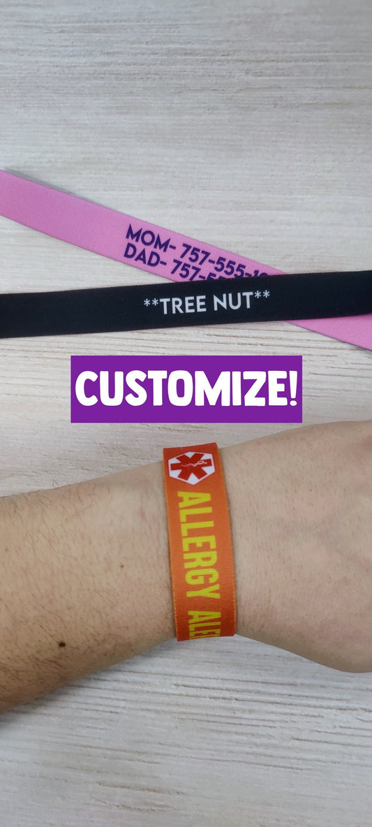 Allergy Alert - Thick Elastic Wristband Bracelet - stretchy elastic with magnetic clasp - heavy duty, design does not fade, washable 7/8"